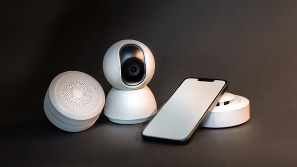 a smart phone sitting next to a wireless security camera