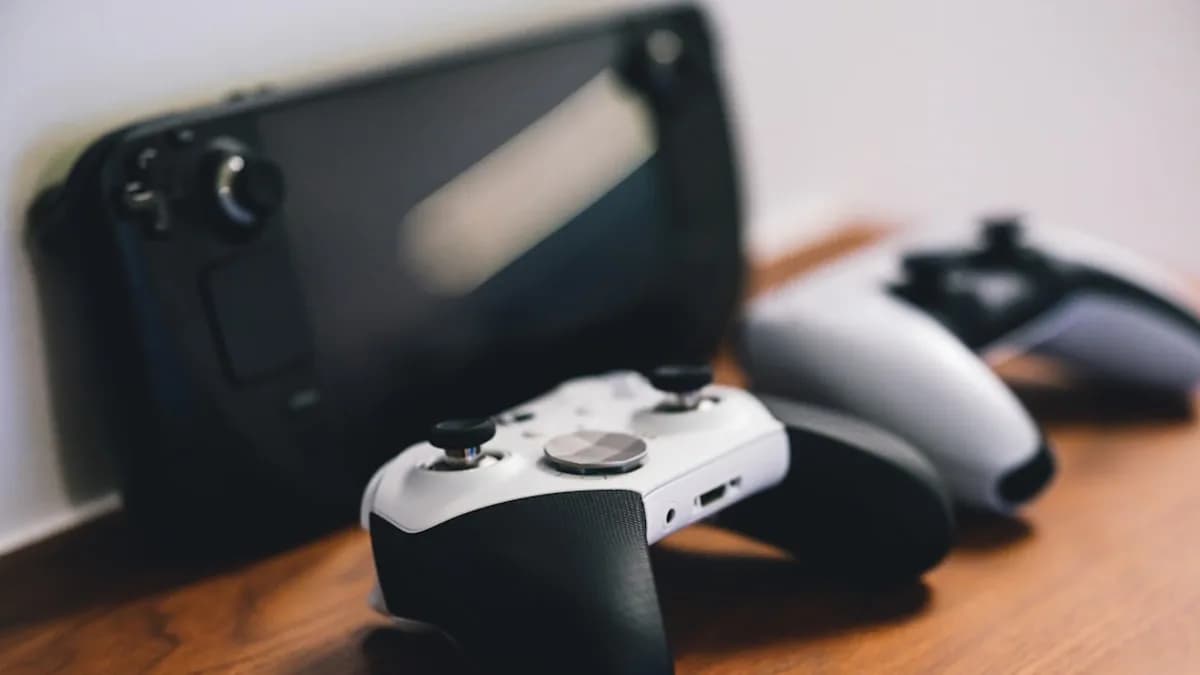 a video game console and controller