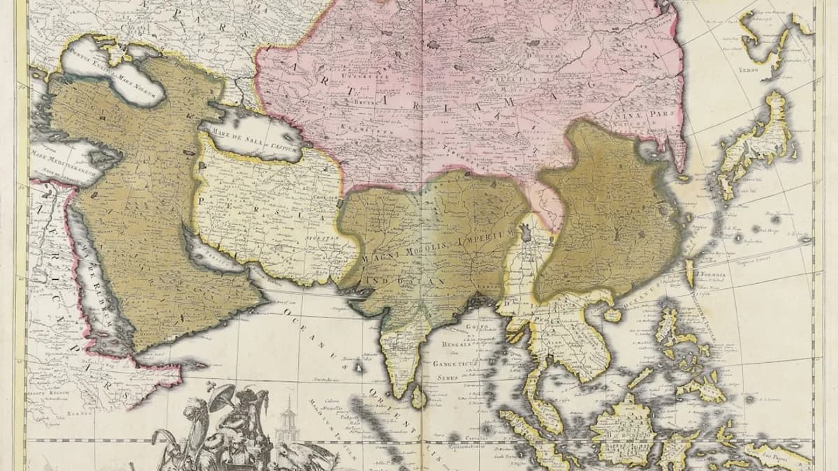 Antique map of asia with colorful regions and figures.