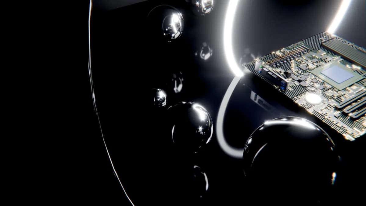 Liquid metal droplets and glowing lines surround a circuit board.