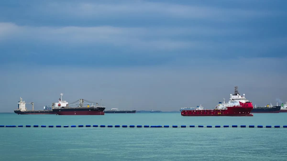 three large ships in the ocean with a sky background