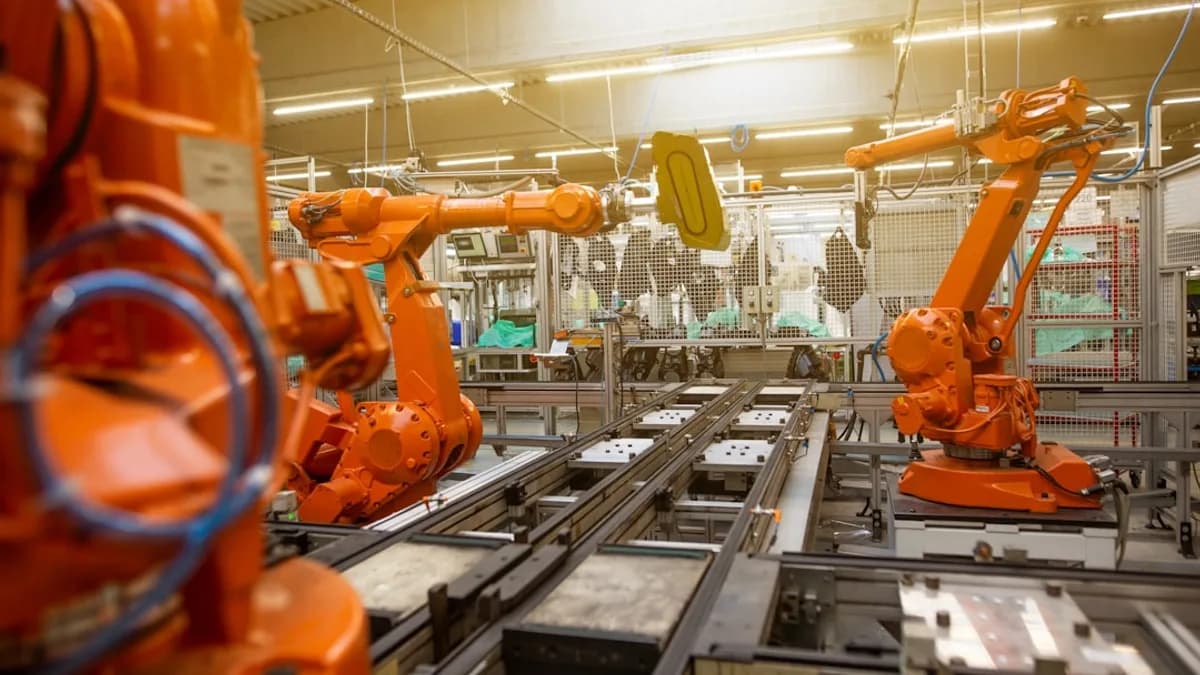 a factory filled with lots of orange machines